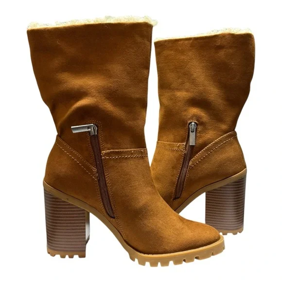 Women’s Size 7 New in Box Stacey Shearling Fold Over Stacked Heel Brown Boot - Picture 4 of 10